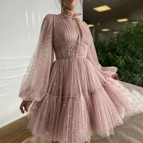 New Stylish Sweet Standing Colla Short Mesh Pleated Ball Gown Dressses TDR27897108
