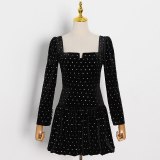 Women Square Collar Long Sleeve High Waist Casual Mini Dresses 2800718