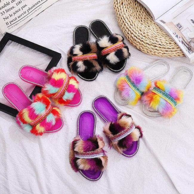 New Women Crystal Colorful Fur Slippers Jelly Slippers 320819