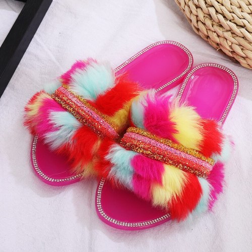 New Women Crystal Colorful Fur Slippers Jelly Slippers 320819