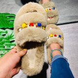 Women's Colorful Diamond Faux Fur Slippers Flat With Slides S-1122