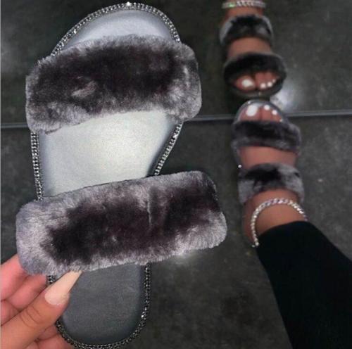 Women Winter Faux Fur Double Layer Slippers Slides