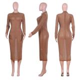 Hot Drilling Women Long Sleeve O Neck High Waist Dresses Q33445