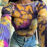 Women Sexy Tie Dye Printed Mesh Hip Hop T-shirts Tops T173792233