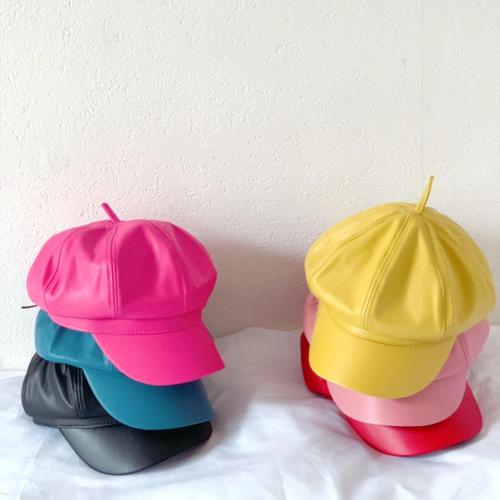 Children Pure Color Flat Roof Lmitation Leather Wild Beret Hats 922334