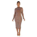 Hot Drilling Women Long Sleeve O Neck High Waist Dresses Q33445