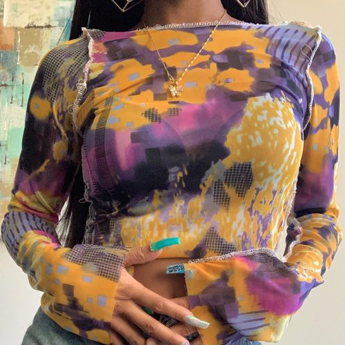 Women Sexy Tie Dye Printed Mesh Hip Hop T-shirts Tops T173792233