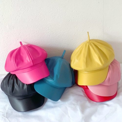 Children Pure Color Flat Roof Lmitation Leather Wild Beret Hats 922334
