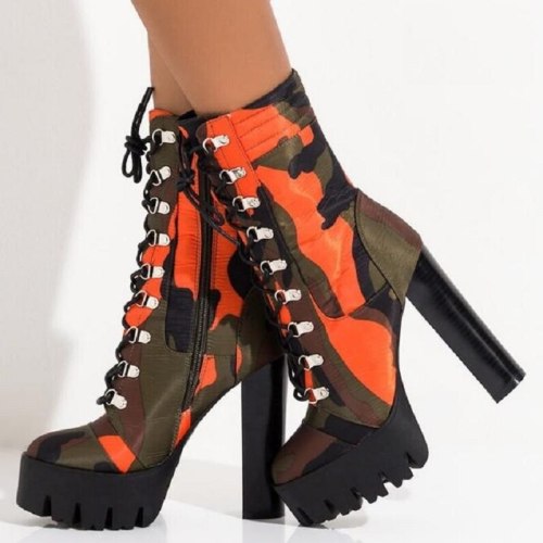 Women Camouflage Print Platform Lace-up Ankle Heels Boots B01627