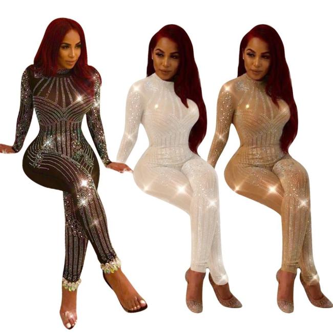 Sexy Sheer Mesh Diamond Night Party Club Bodysuits Bodysuit Outfit Outfits Q03445