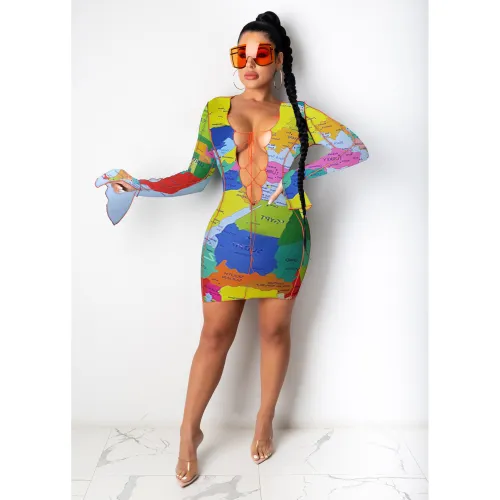 Women Map Print Bandage Hollow Irrigular Flared Sleeve Dresses CY127283