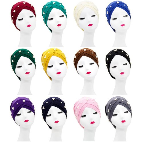 Women Pearl Forehead Cross Wrap Turban Bonnet Bonnets