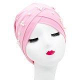 Women Pearl Forehead Cross Wrap Turban Bonnet Bonnets