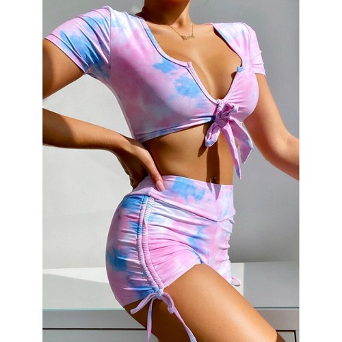 Tie Dye Print Swimsuit Female Short Sleeve Nylon Bikin Swimsuits B20516W