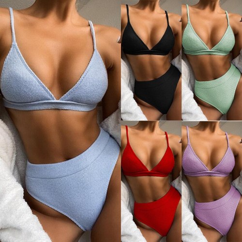 Women Pure Color High Waist Sexy Push Up Swimsuits B17081