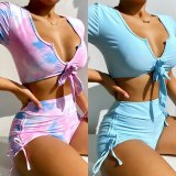 Tie Dye Print Swimsuit Female Short Sleeve Nylon Bikin Swimsuits B20516W