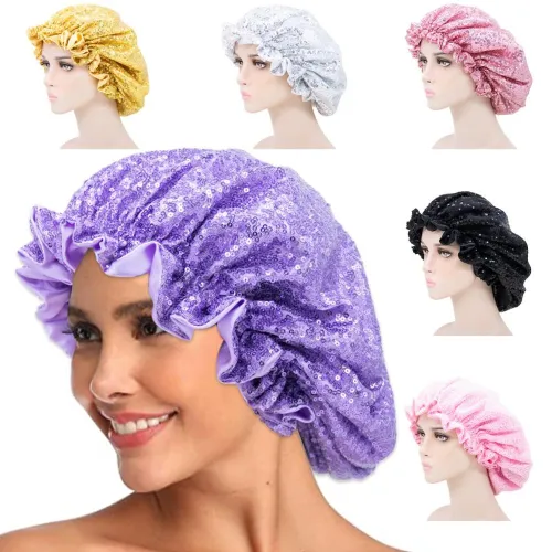 Double Layer Adjustable Glitter Sequin Turban Bonnets sleep-1223