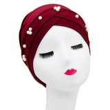 Women Pearl Forehead Cross Wrap Turban Bonnet Bonnets