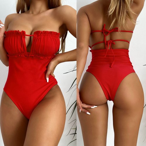 Red Swimsuit Women Bandage Hollow Bikini Push-Up Swimsuits B24859