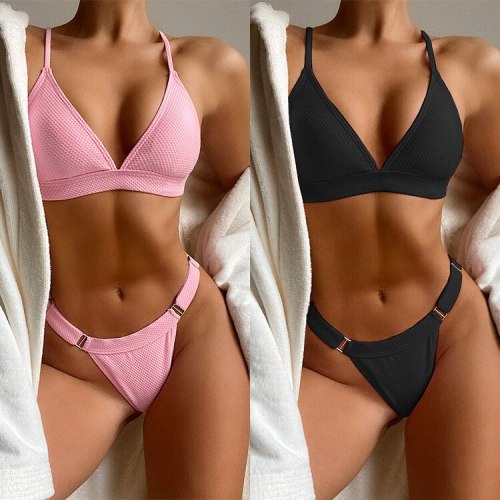 New Ladies Split Swimsuit Solid Color V-Waist Bikini Swimsuits B22536W