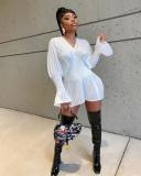 Fashion Solid V-neck Long Sleeve Corset Ruched Sexy Mini Dress Dresses cl608697