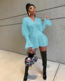 Fashion Solid V-neck Long Sleeve Corset Ruched Sexy Mini Dress Dresses cl608697