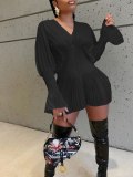 Fashion Solid V-neck Long Sleeve Corset Ruched Sexy Mini Dress Dresses cl608697