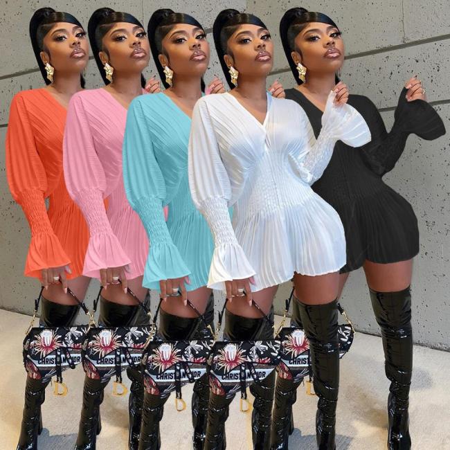 Fashion Solid V-neck Long Sleeve Corset Ruched Sexy Mini Dress Dresses cl608697