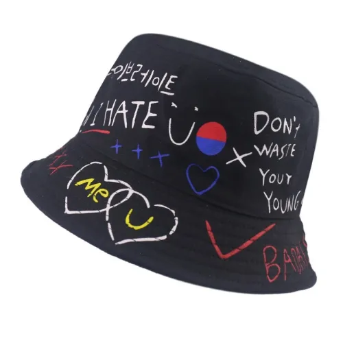 Heart Graffiti Hip Hop Letter Printed Cotton Panama Bucket Hats A-00718