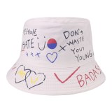 Heart Graffiti Hip Hop Letter Printed Cotton Panama Bucket Hats A-00718
