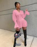 Fashion Solid V-neck Long Sleeve Corset Ruched Sexy Mini Dress Dresses cl608697