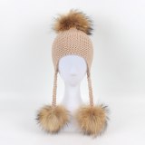 Children's Knitted Cute Winter Caps Raccoon Fur Newborn Hat Warm Pompoms ZZM24758
