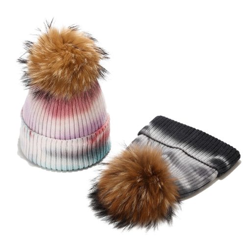 Tie Dyed Raccoon Dog Wool Ball Knitted Women Wind Proof Hats ZZM40415