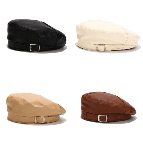 New Belt Buckle Beret Women Autumn Winter PU Leather Pumpkin Hats BLM7283