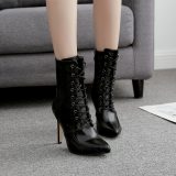 Black Snakeskin Grain Ankle Strap Boots For Women High Heels 3356-89