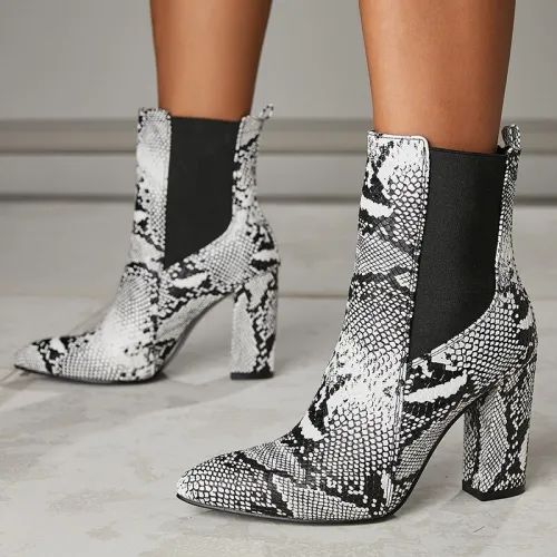 Women PU Leather Sexy Snake Print Ankle Boots Heels 3312-12