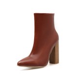 Women PU Slip On Square Pointed Toe High Heels Boots 7212-23