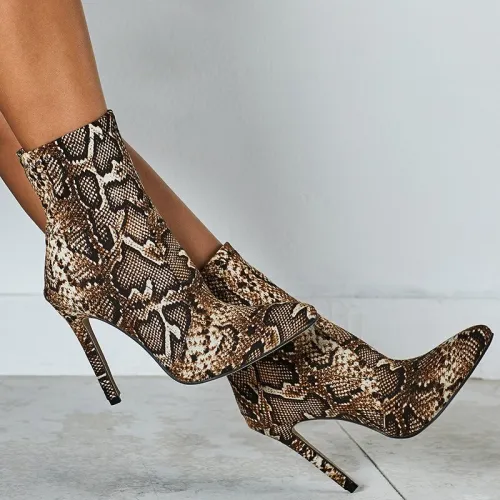 Women Sexy Snake Print Stiletto Pointed Toe Punk Martin Heels Boots 6667-12