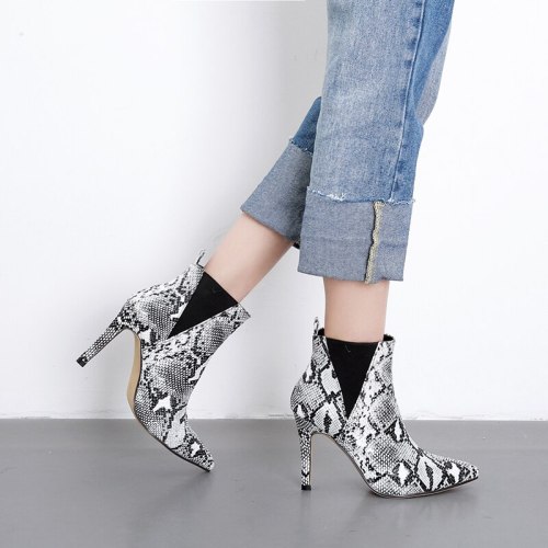 Women Pointed Toe Ankle Boots Snake Skin Pattern High Heels 90910-67
