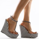 Summer New T-strap Plaid Cloth Fish Mouth Sandals Slides Heels A60-3748