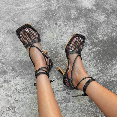 Fashion Hollow Out Lace Up Square Toe Slides Heels