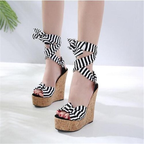 Cotton Fabric Women Wedges Platform Sandals High Heels Slippers Slides a60-1324