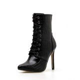Black Snakeskin Grain Ankle Strap Boots For Women High Heels 3356-89