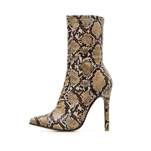 Women Snake Print Mid Calf Boots High Heels 3356-78