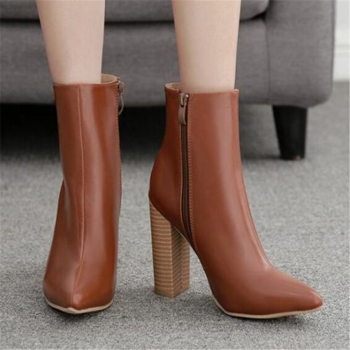 Women PU Slip On Square Pointed Toe High Heels Boots 7212-23