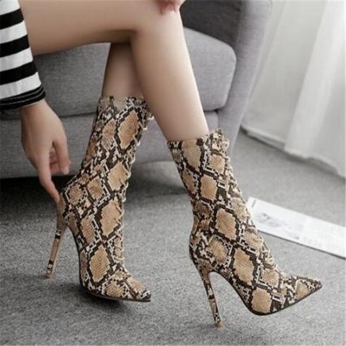 Women Snake Print Mid Calf Boots High Heels 3356-78