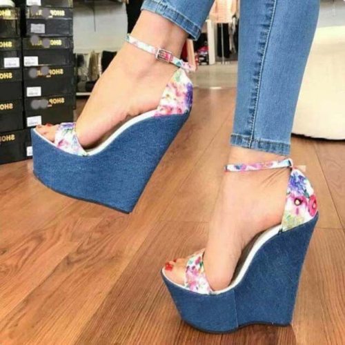 Women Summer High Heel Platform Sandals Flower Blue Slides a60-2233