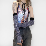 New Skinny Fashion Cartoon Print Sling Short Slim Shirts Tops K20S1078091