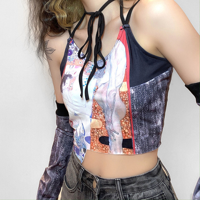 New Skinny Fashion Cartoon Print Sling Short Slim Shirts Tops K20S1078091