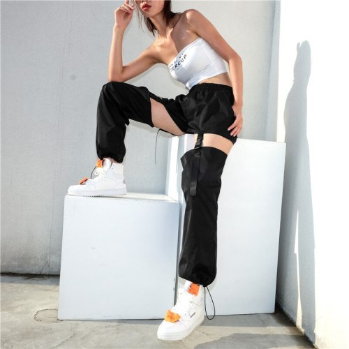 Women Fashion Hollow Out High Waist Trousers Straight Black Pants P2851W0718